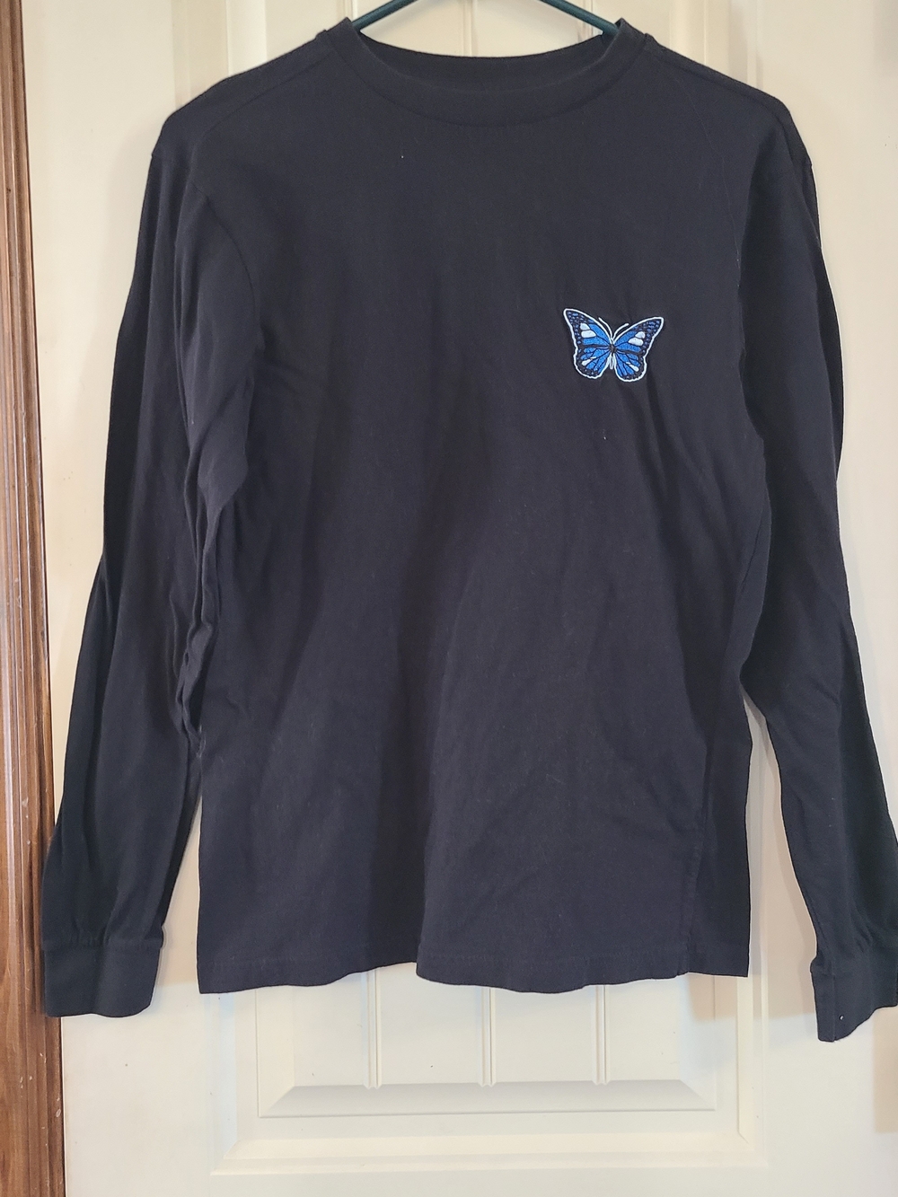 Eighty Eight Black Long-Sleeve Tee with Blue Butterfly Patch Size S